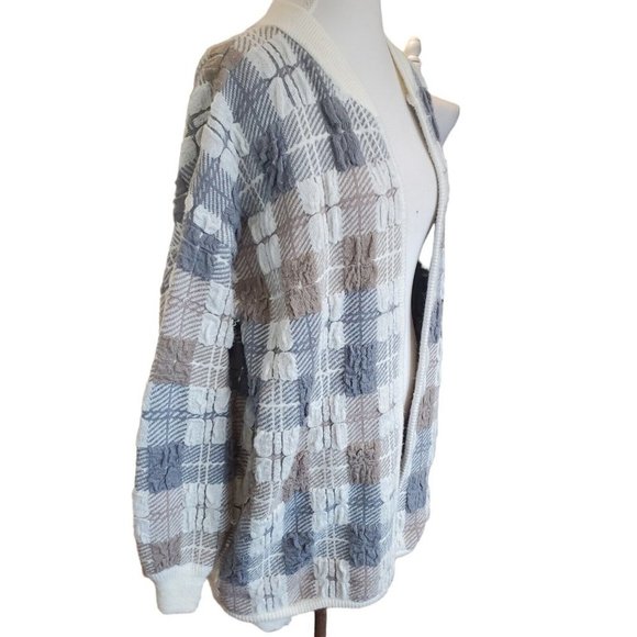 Vintage 70s Womens Chunky Knit Oversized Cardigan Plaid Open Front Textured Sz L - Picture 4 of 11